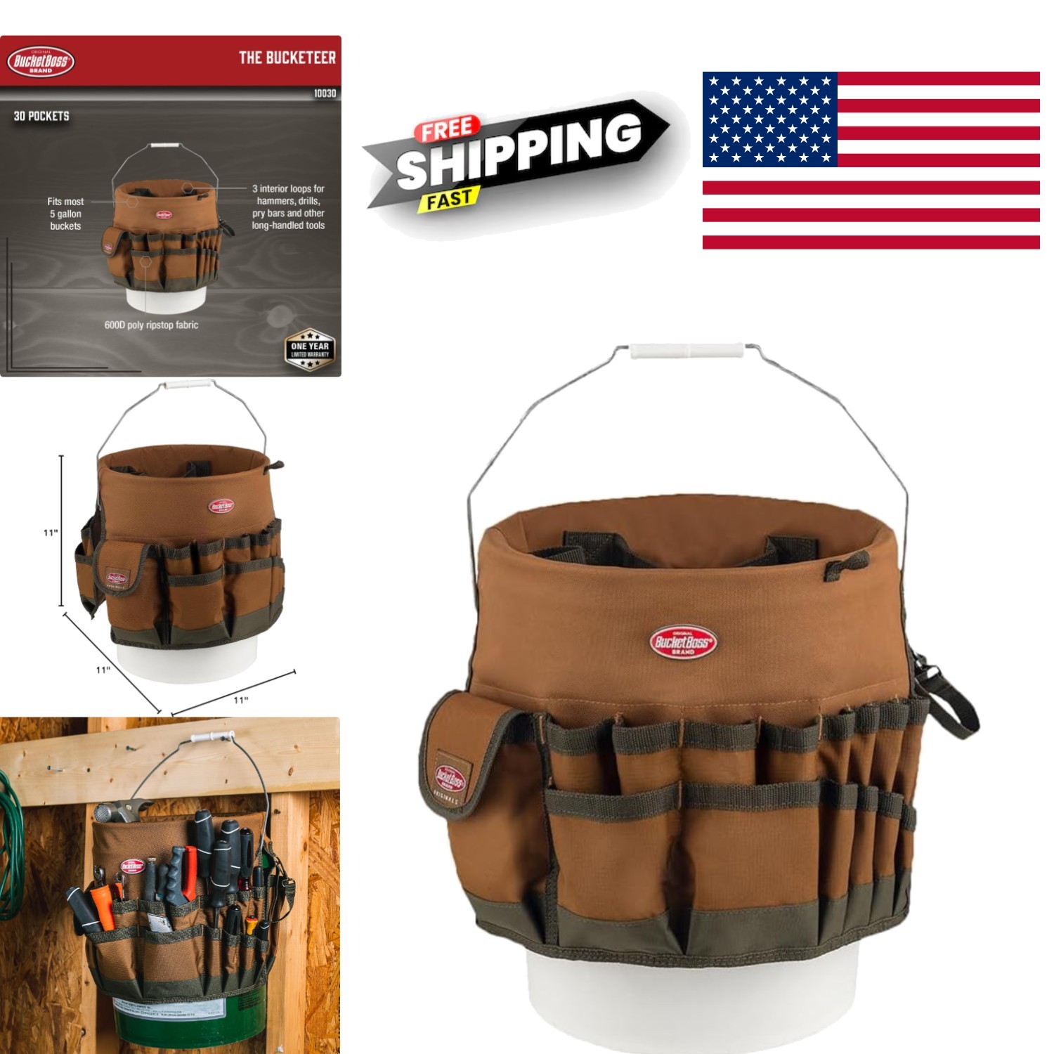 Round Portable Tool Organizer in Brown with 33 Compartments Fits 5 Gallon Bucket