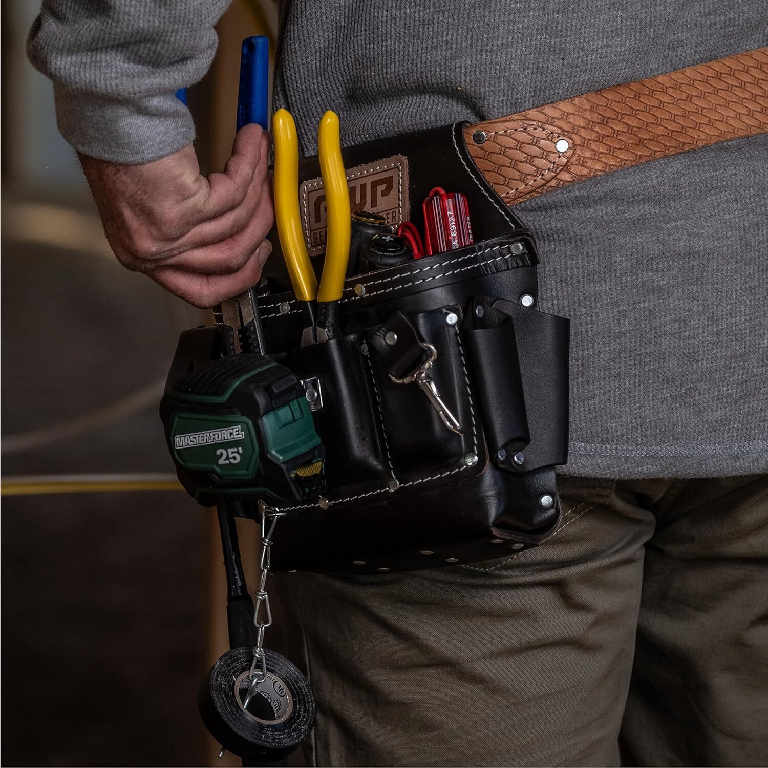AWP Oil-Tan Leather Electrician Tool Pouch Bag,Multiple Pockets For Tool Storage