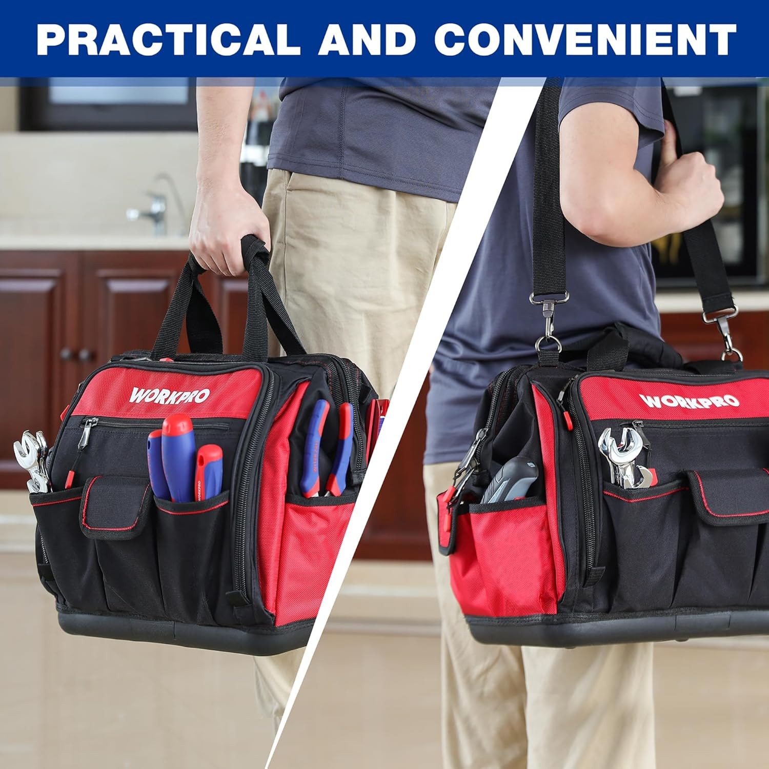 16″ Wide Mouth Tool Bag 46 Pockets Waterproof Rubber Base Organizer