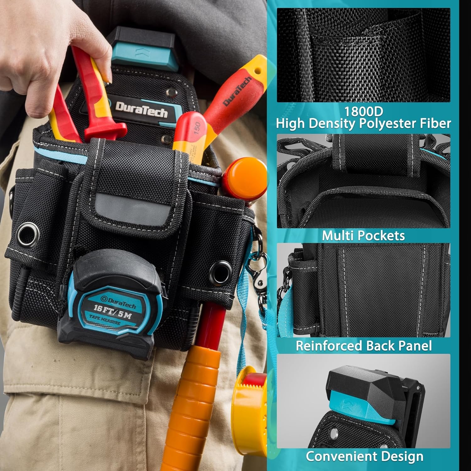 DuraTech Tool Pouch with Belt Clip, Electrician Tool Pouch with Tape Measure Hol