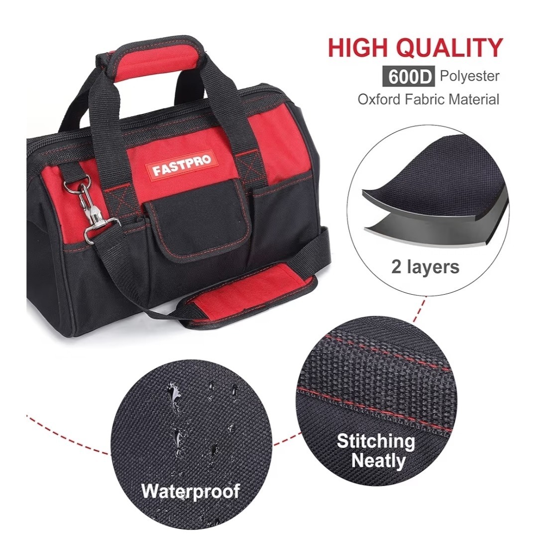 FASTPRO 14-Inch Zip-top Wide Mouth Open Storage Tool Bag, Classic Black & Red