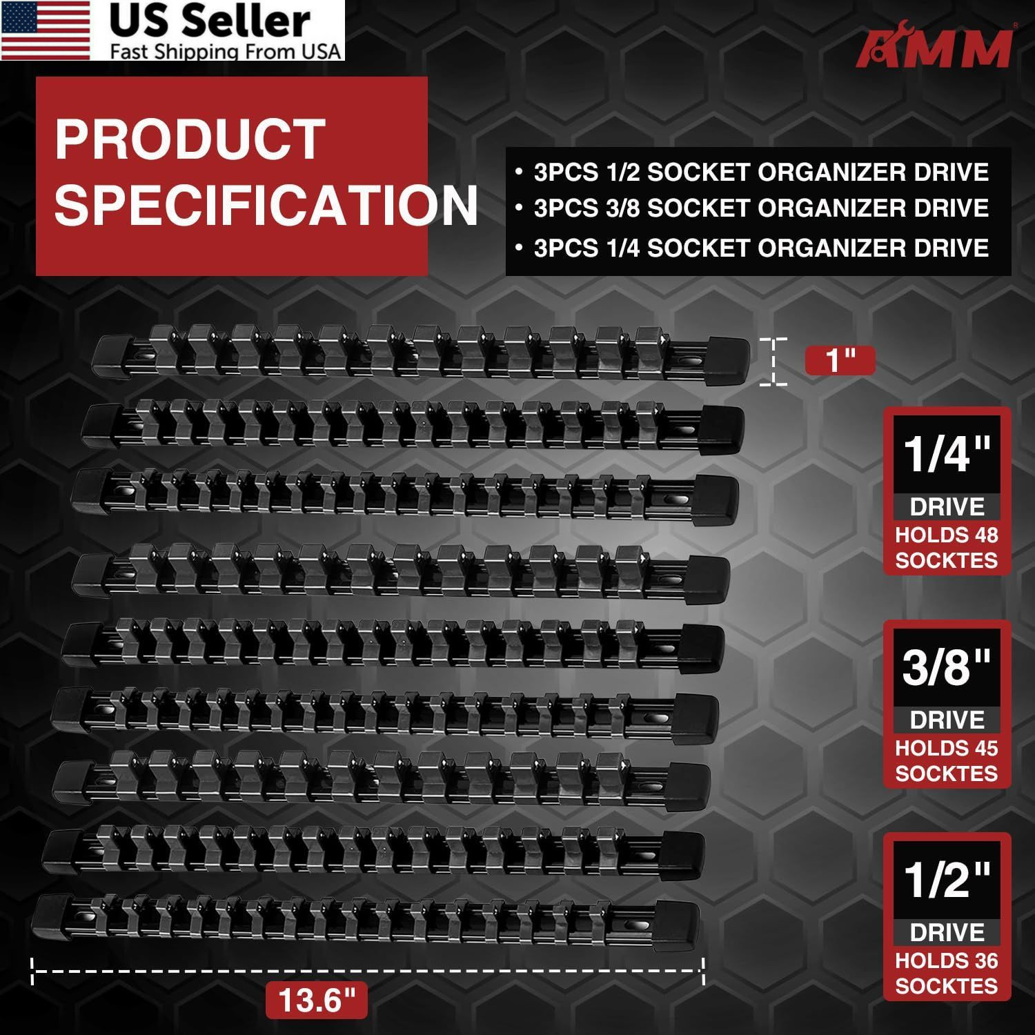 AMM 9-Piece Socket Organizer, 1/2 inch, 3/8 inch and 1/4 9PC, BLACK