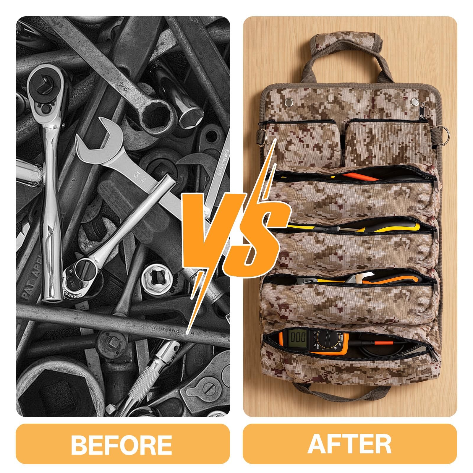 Roll Up Tool Bag Heavy Duty Portable Organizer 4 Pouches 2 Zipper Camo