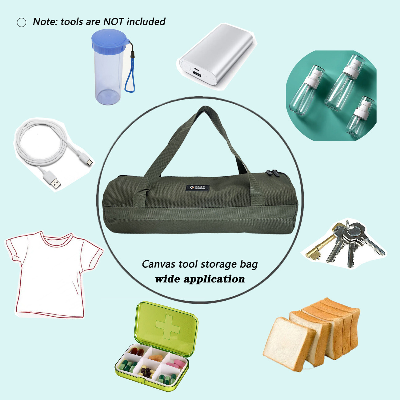 16 inch Green Tool Bag with Zippers Quick storage Canvas for home 15.75×5.12in