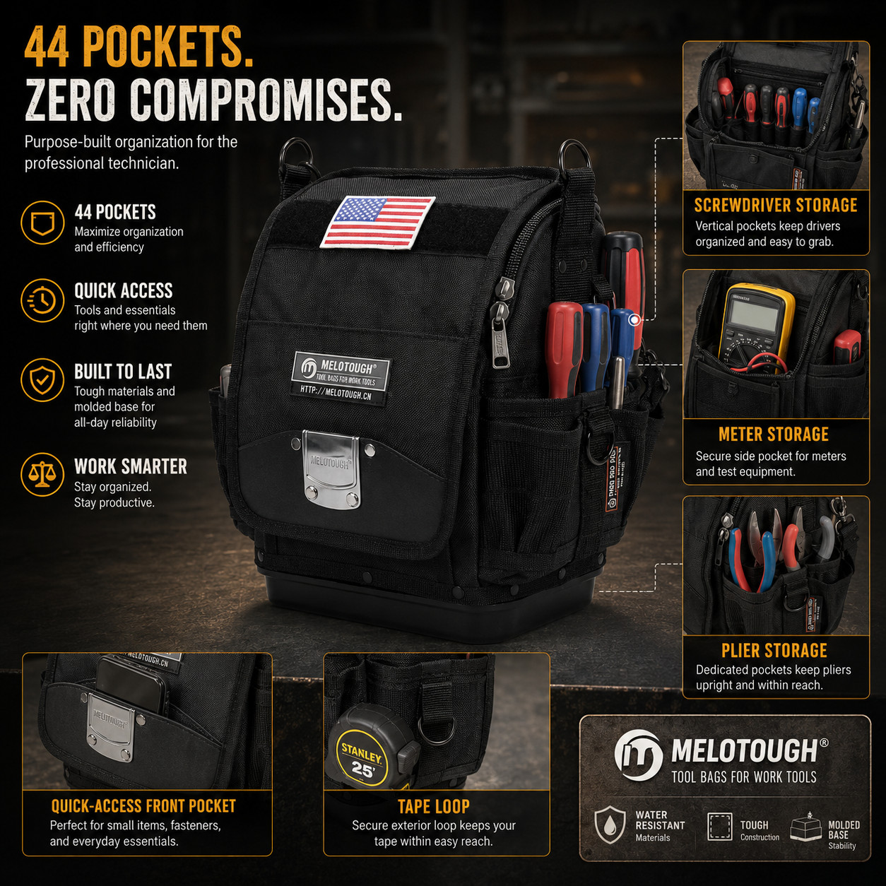Professional Technician Tool Bag 1680D Waterproof Base 44-Pocket Organizer