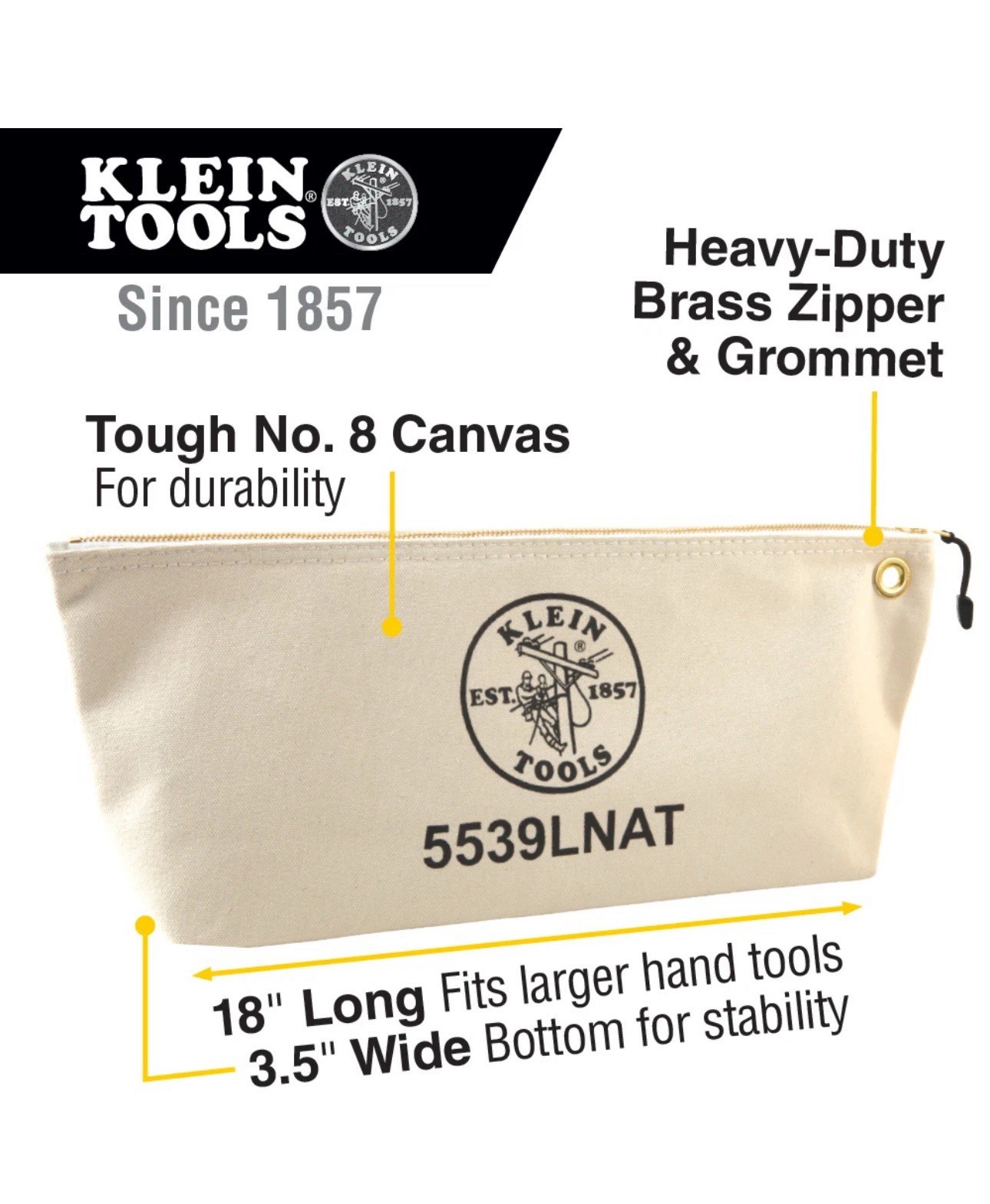 Klein Tools 5539LNAT Canvas Zipper Pouch, 16-Inch Tool Bag Storage Organizer