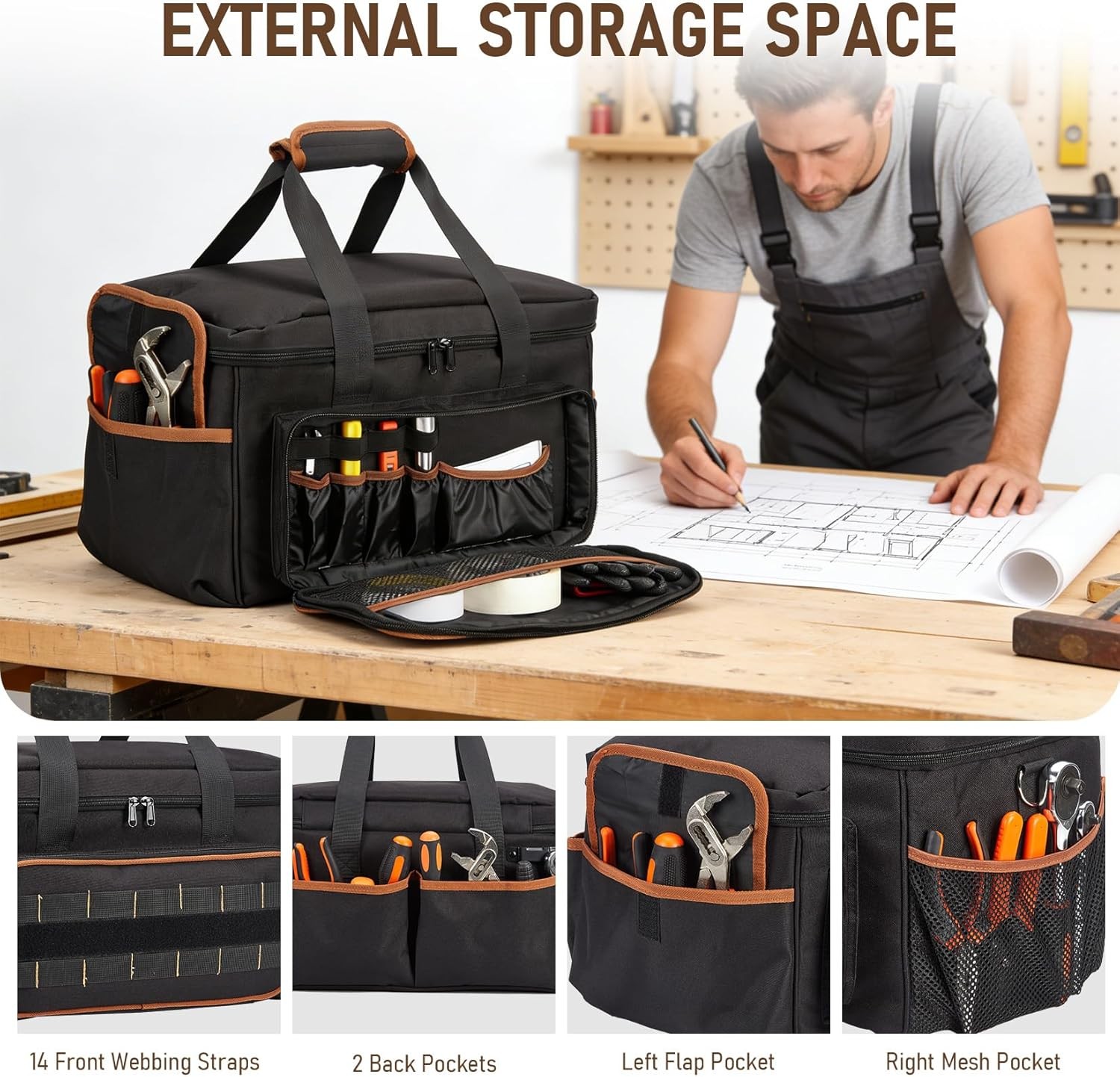 17 Inch Tool Bag Oxford Fabric Wide Mouth Portable Tool Tote w/ Multiple Pockets