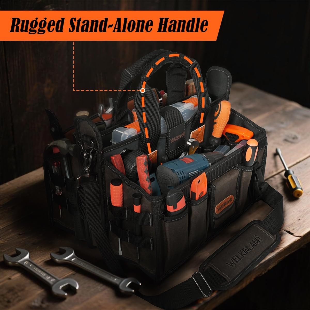 WELKINLAND, 16-In, 20-Pockets, Wide Opening, Waxed-Canvas Tool Bag (W00138)