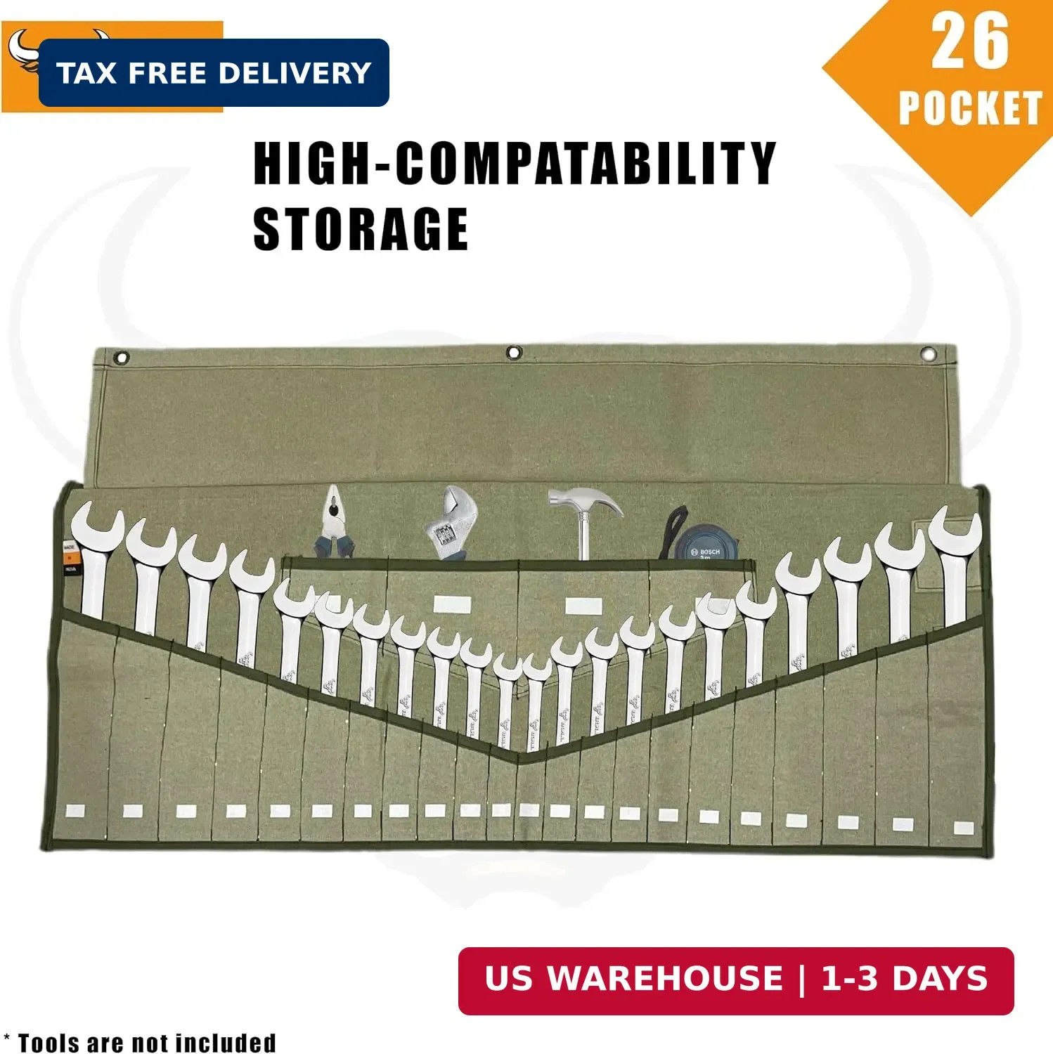 BULL TOOLS Wrench Roll, 26 Pocket Tool Pouch, Tool Bag Wrench Organizer Metric &
