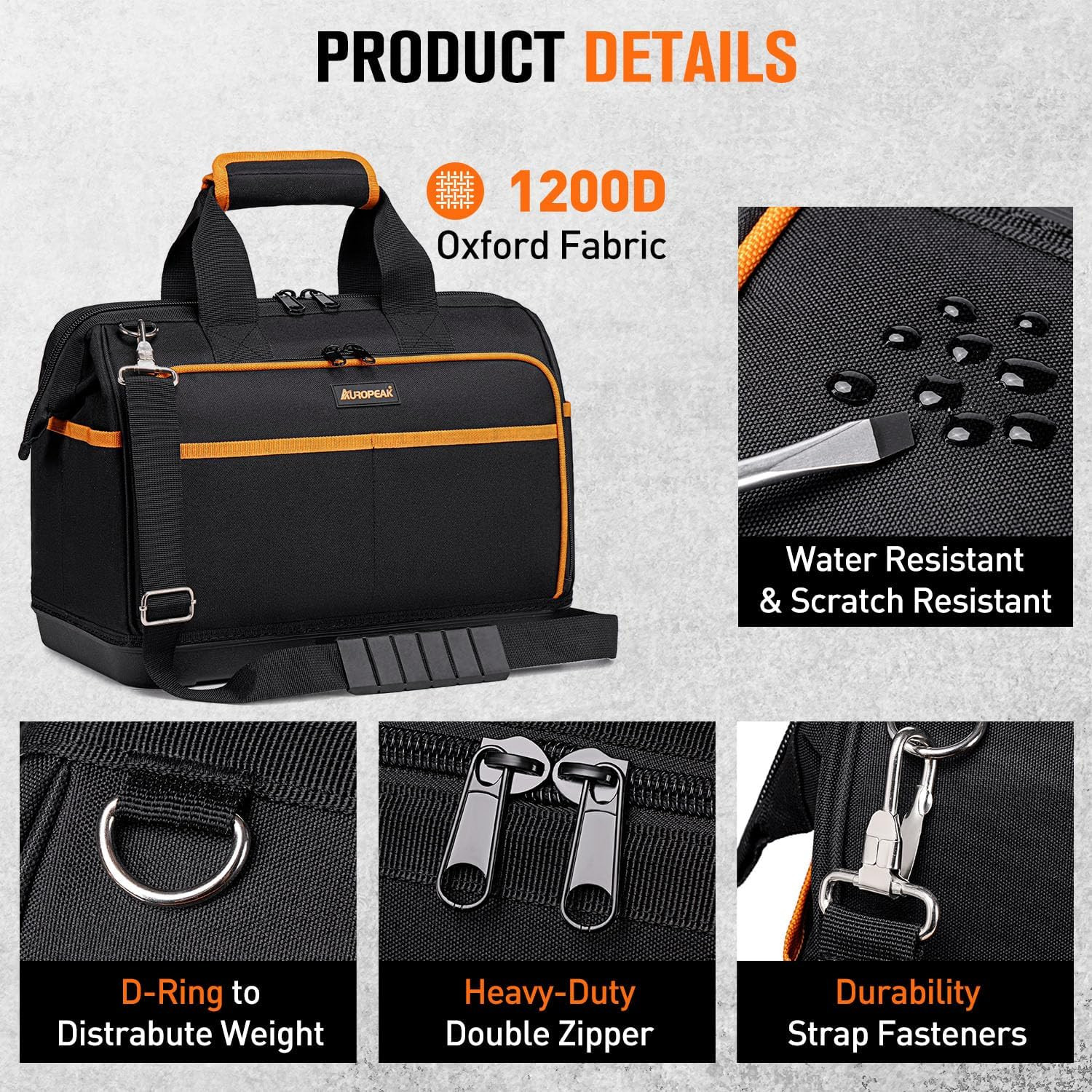 17″ Electrician Tool Bag – 26 Pockets, Waterproof Base, Adjustable Strap