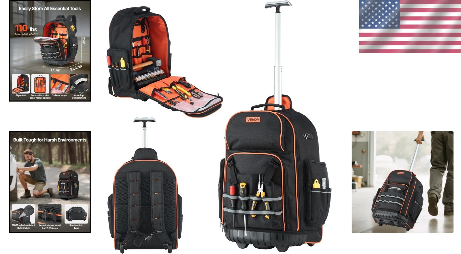 Professional Heavy Duty Tool Backpack with Wheels – 110 lbs Capacity, 72 Pockets