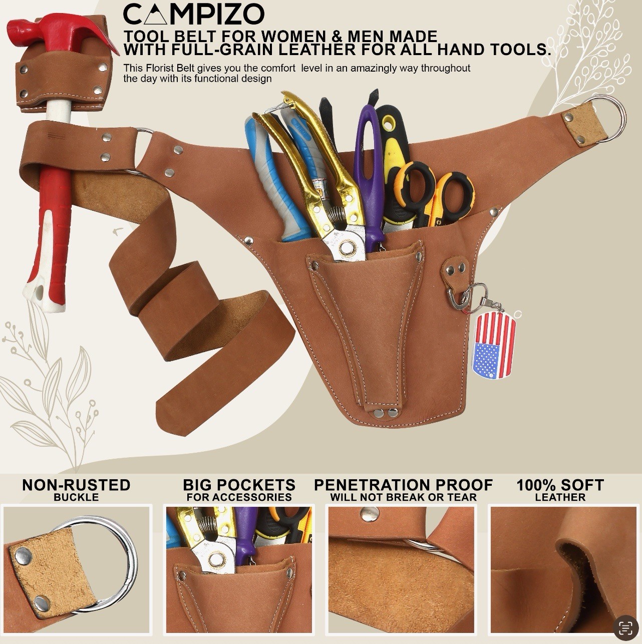 Leather Garden Tool Belt Utility Belt, Carpenter Electrician Tool Pouch Hammer