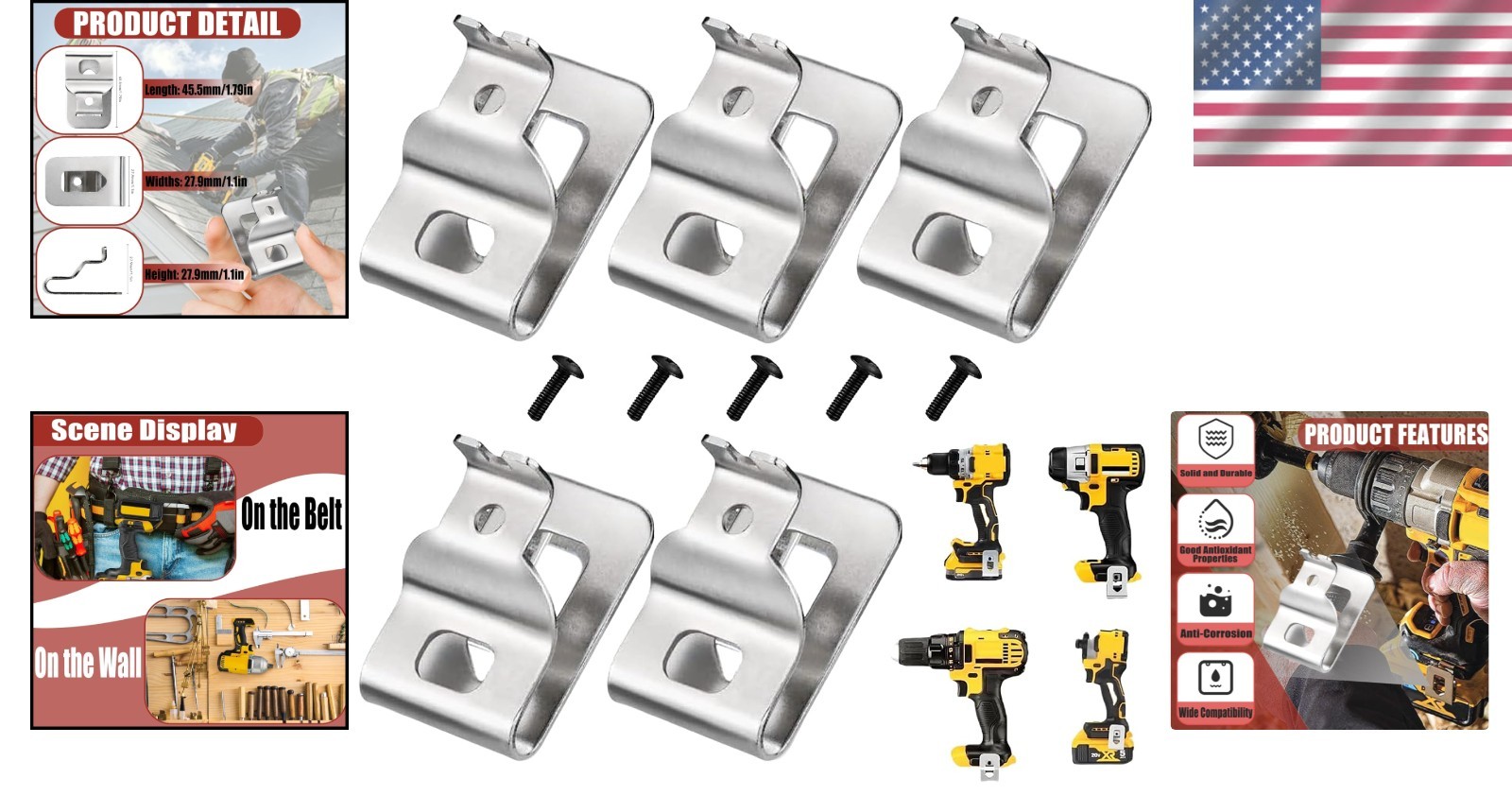 5-Pack Stainless Steel Belt Clips for Dewalt 20V MAX Tools – Easy Install