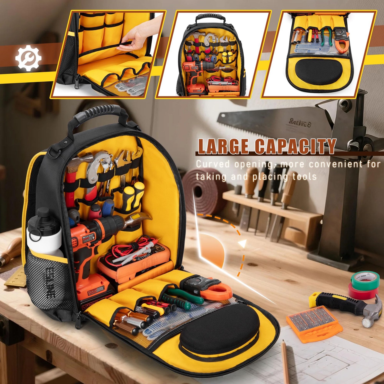 Tool Backpack with a Tool Pouch, Heavy Duty Tool Bag with Multiple Pockets, B…