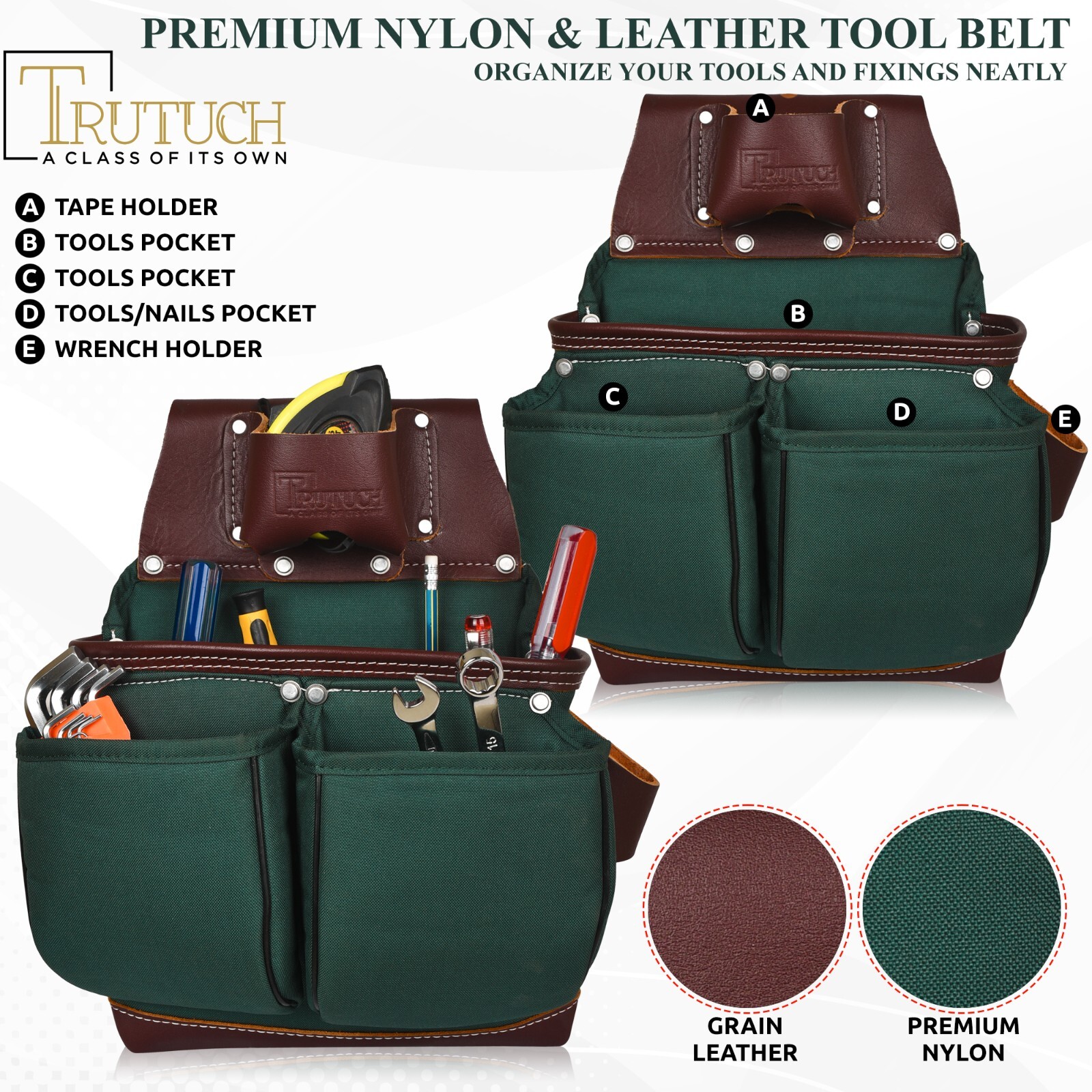 TRUTUCH Nylon and Leather Tool Belt | Framing Tool Bags | Nylon Tool Pouch