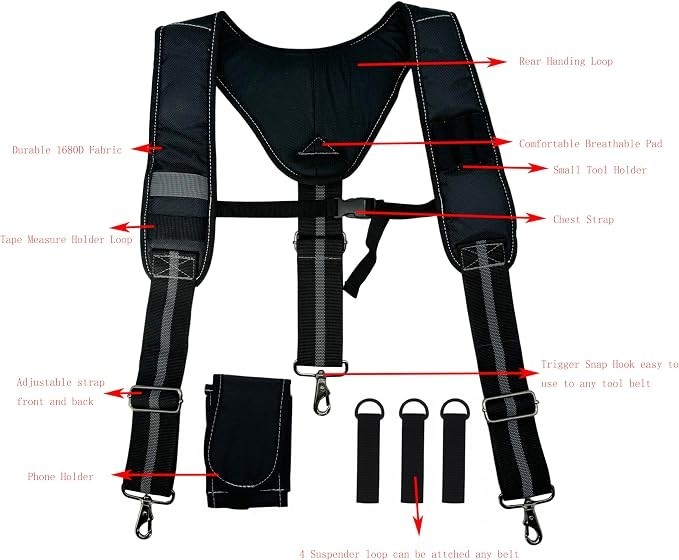 Padded Tool Belt Suspenders 3 Hook Swivel Suspenders for Tool Belt Heavy Duty Wo