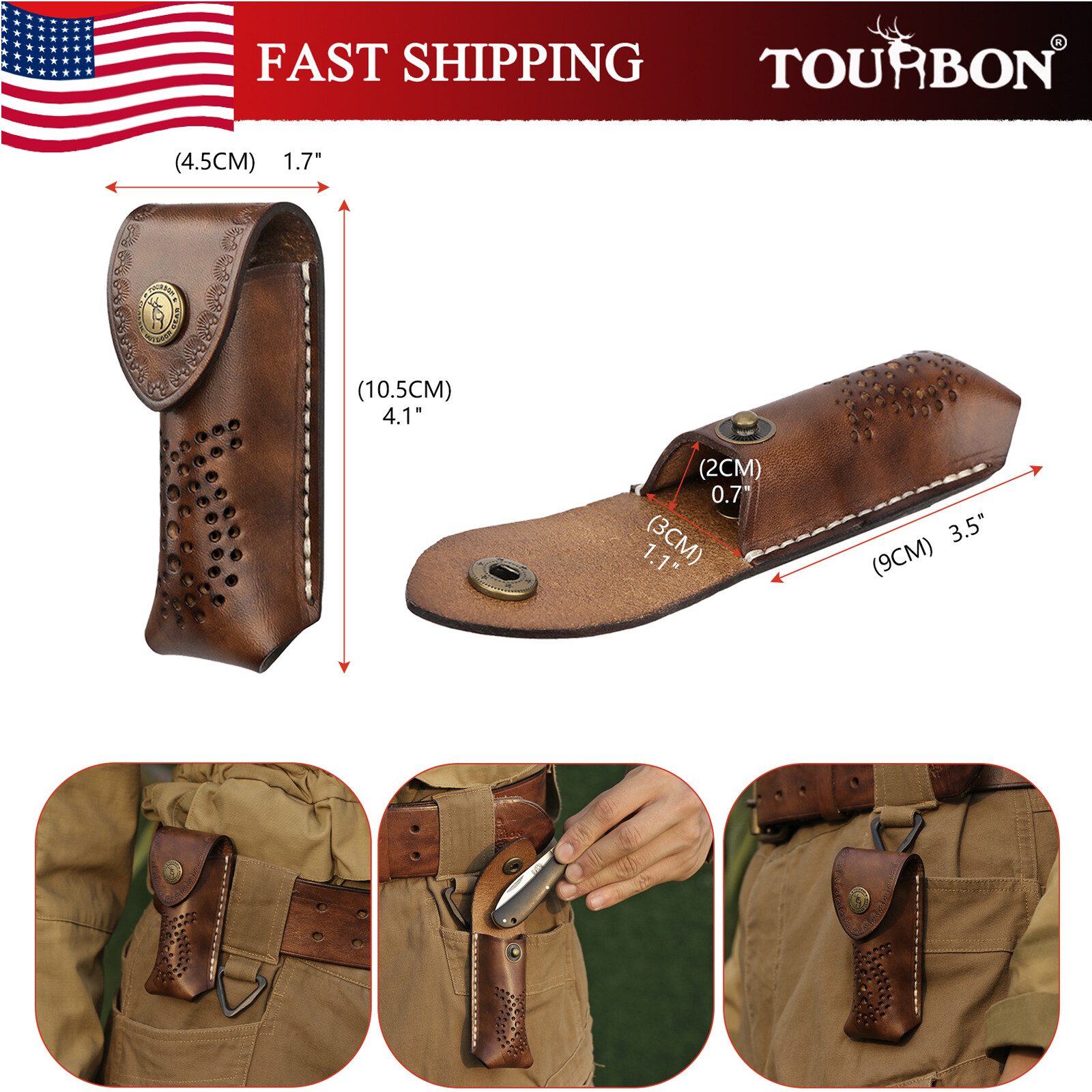 Tourbon Leather Pocket Folding Knives Case Belt Clip Pouch Holster Cover Gift US