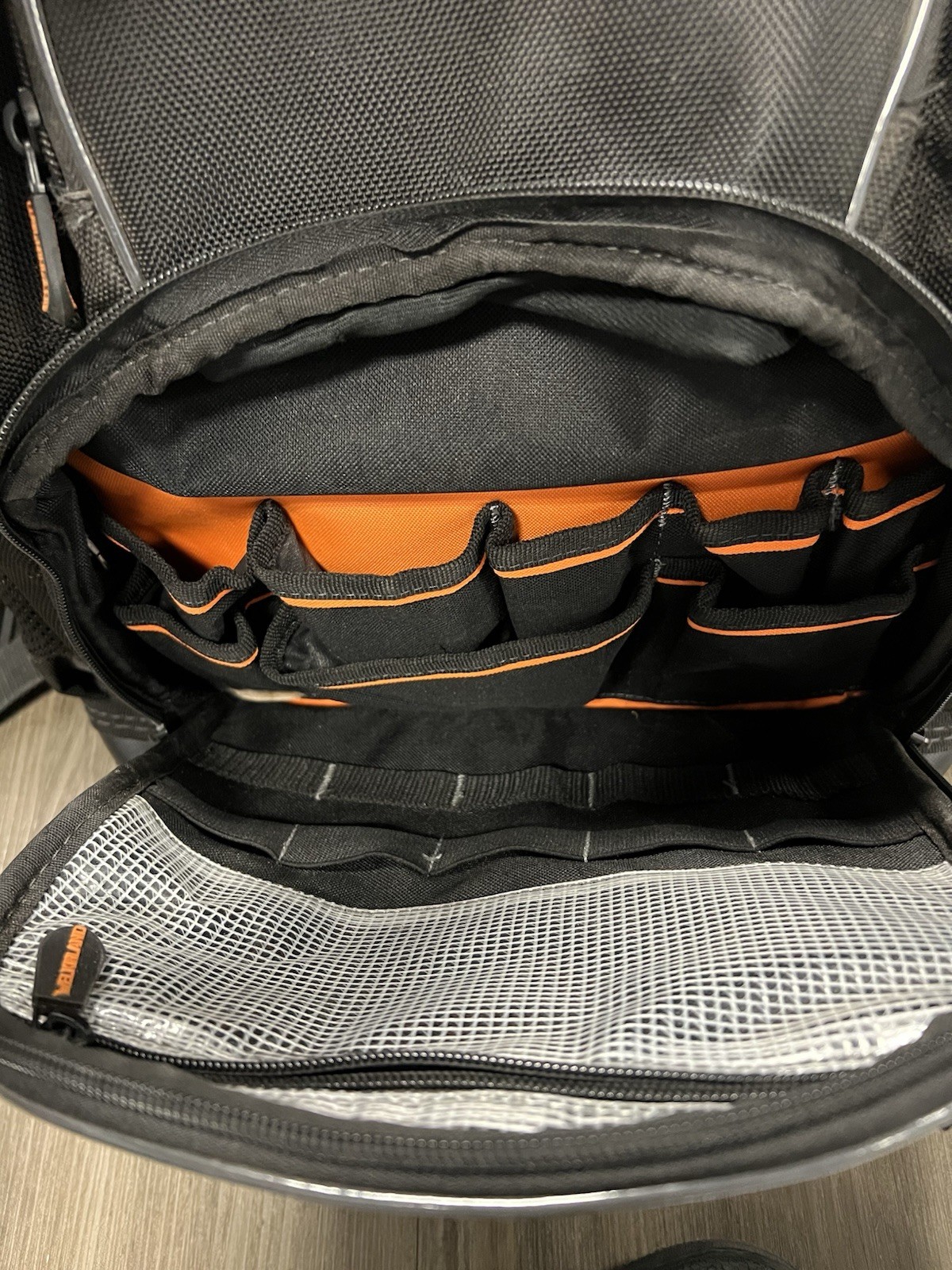 WELKINLAND 77 Pocket Large Tool Backpack Black/Orange Molded Base, Padded Handle