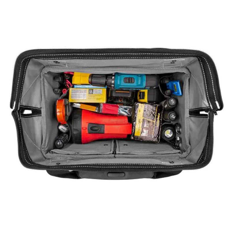 14 in. Zipper Top Rolling Water Resistant Tool Tote Bag, Telescoping Handle Red