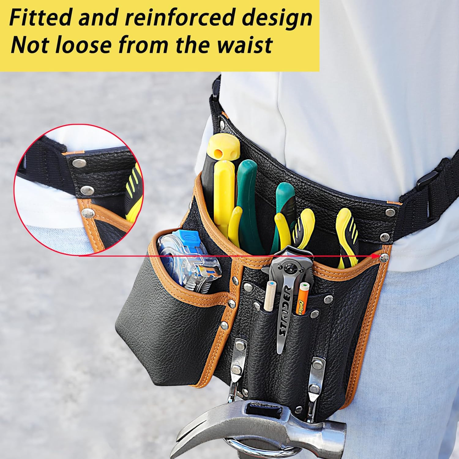 Tool Belt,Genuine Leather Tool Pouch,Detachable & Adjustable Single Side Tool Be