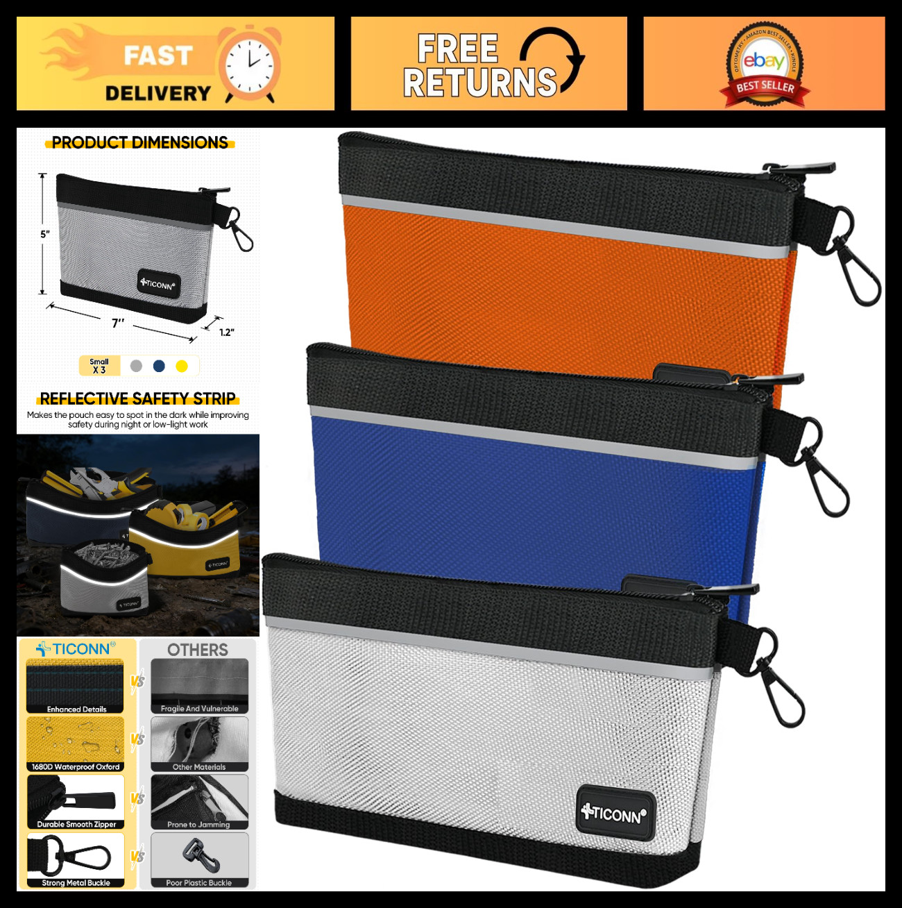 Waterproof Tool Pouches with Zipper, 1680D Oxford Small Utility Bags (3 Pack)