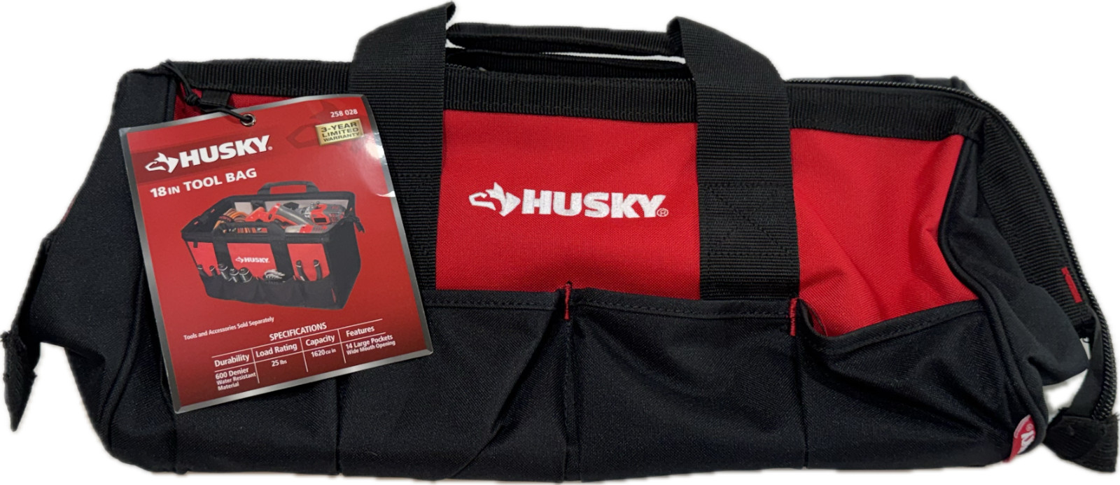 NEW Husky 18” Wide Mouth Zippered Water Resistant Tool Bag / 14 Pockets 258 028