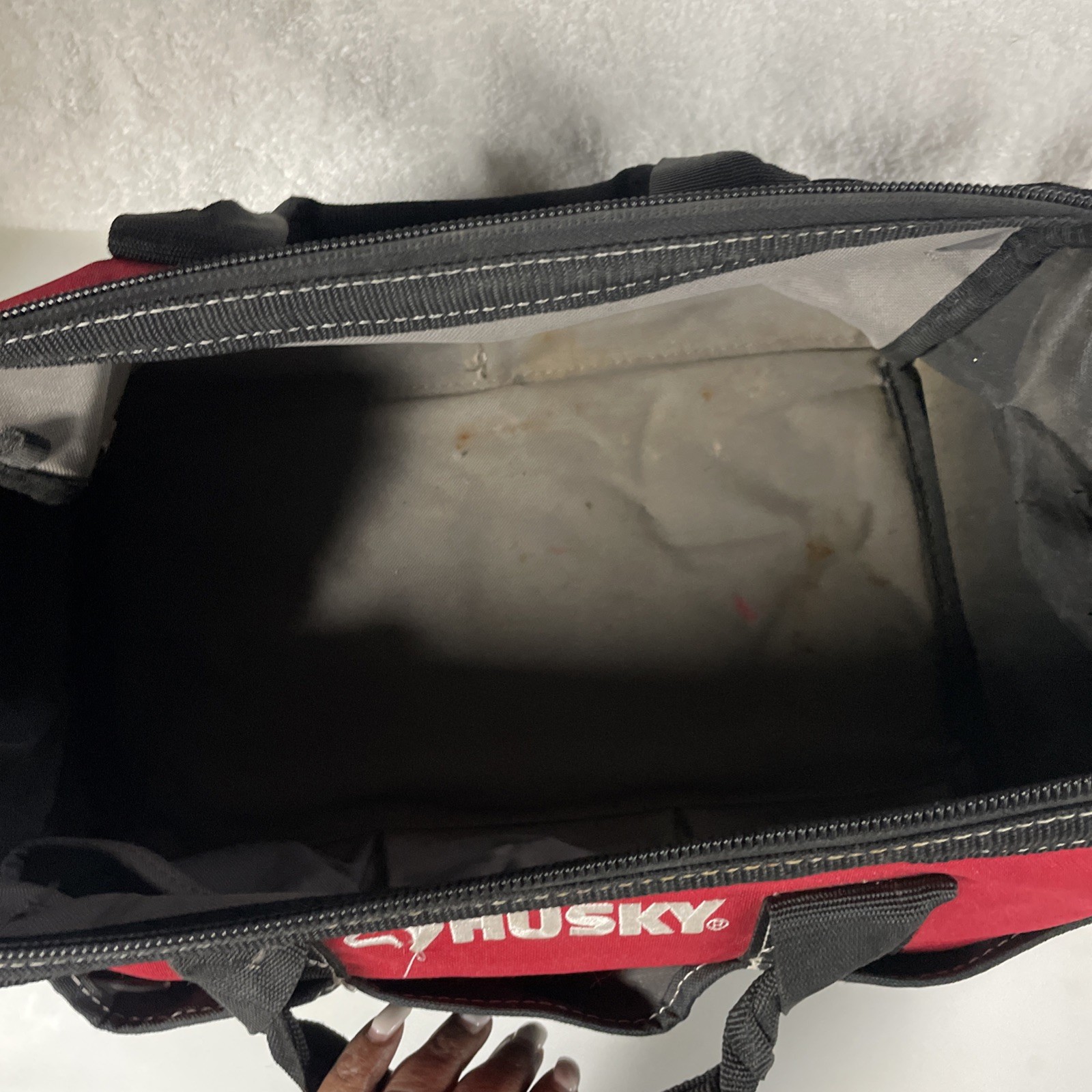Husky Zippered Tool Bag Red Black 15 in Wide Mouth Canvas 5 Outer Pockets