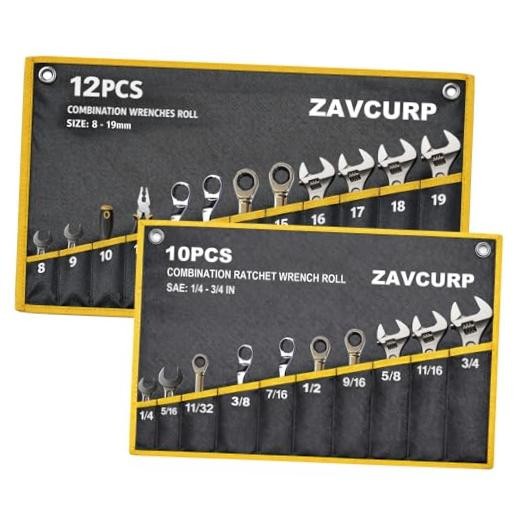 2PCS Wrench Roll Organizer Wrench Roll Up 10 Pockets Sae+12 Pockets Metric