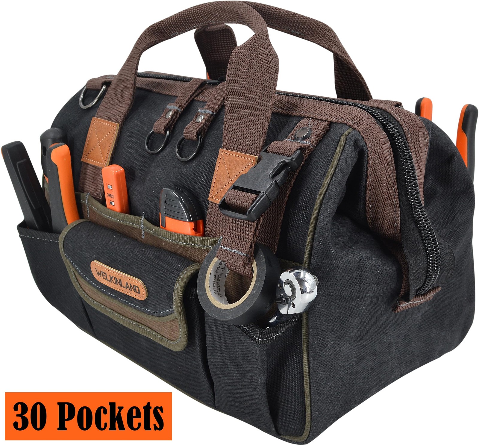 WELKINLAND 30-Pockets Canvas tool bag, 14-Inch(Max. 20L), Black/Brown/Olive
