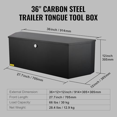 Trailer Tongue Box, Heavy Duty Trailer Tongue Tool Box Storage 36″ Black Steel