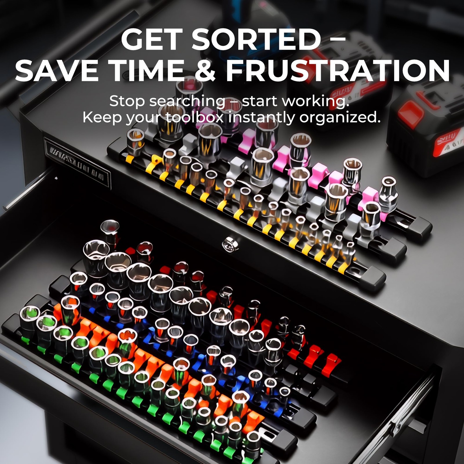 Reniteco 9-Piece Socket Organizer Set – 1/4-Inch x 48 Clips, 9 Pcs, Red