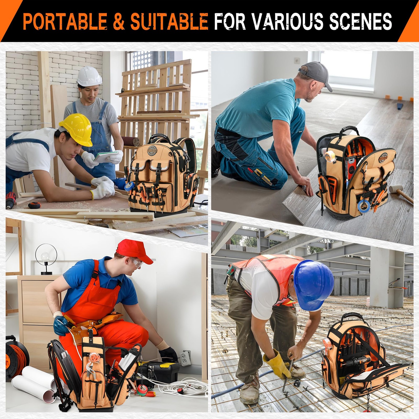 LOKASS Tool Backpack Heavy Duty with Molded Bottom, 1680D 56-Pocket Tool Bag …