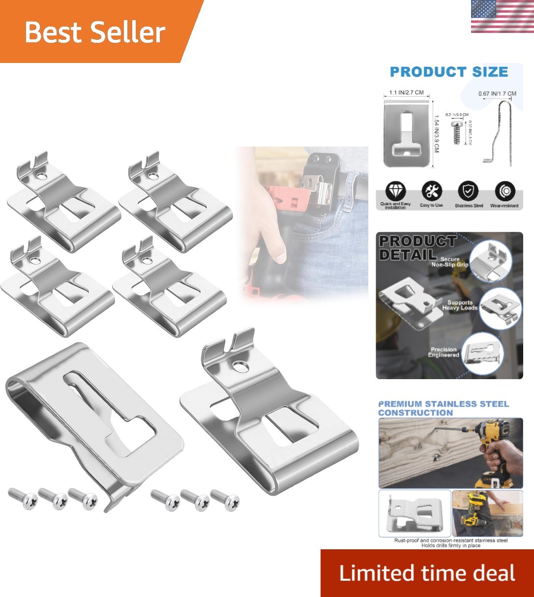 20V Drill Belt Clip Kit – 6 Stainless Steel Clips with Screws Included