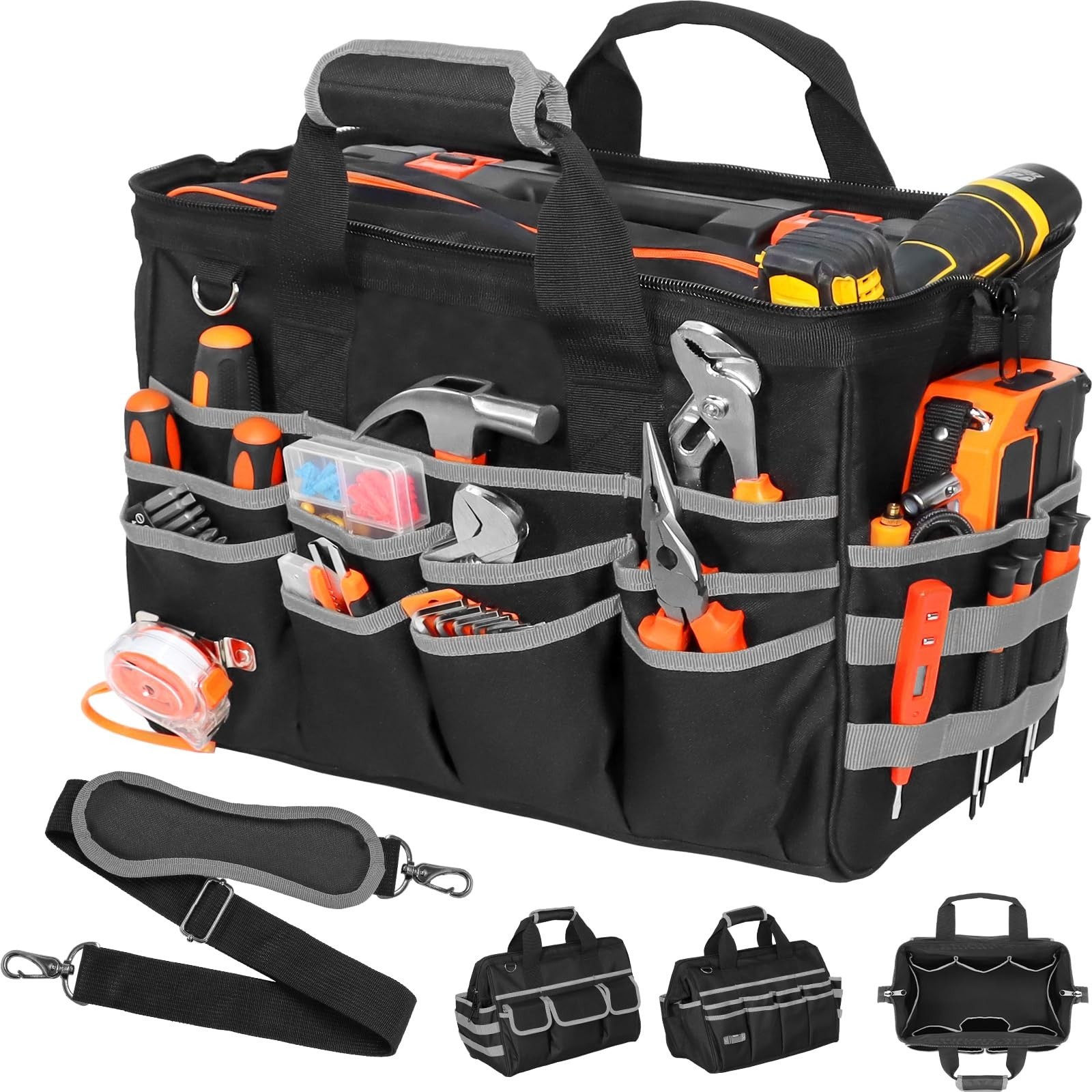 17″ Heavy Duty Tool Bag, Waterproof Multi-Pocket Organizer with Adjustable Strap