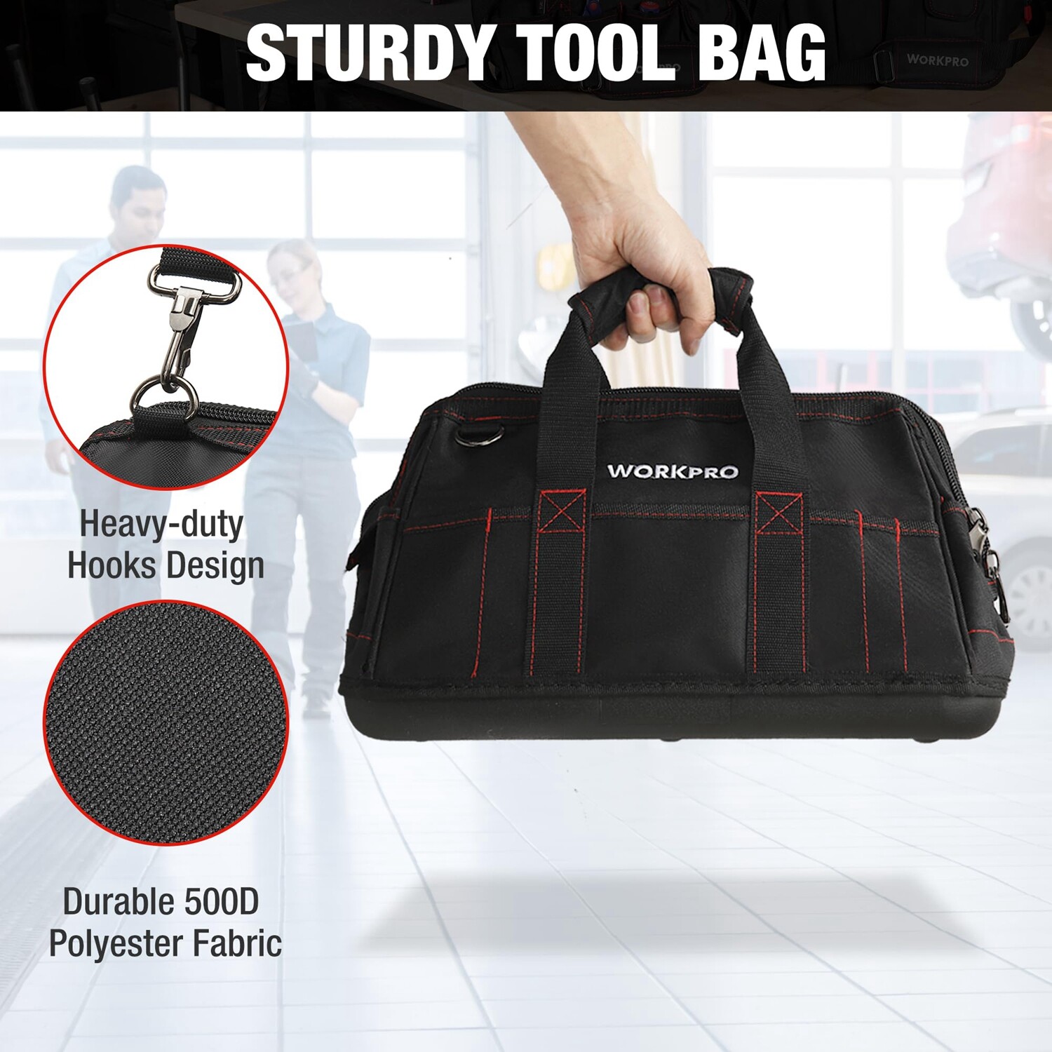 WORKPRO 16-inch Zipper Tool Bag Wide Mouth Heavy Duty Storage Carrying Work Tote