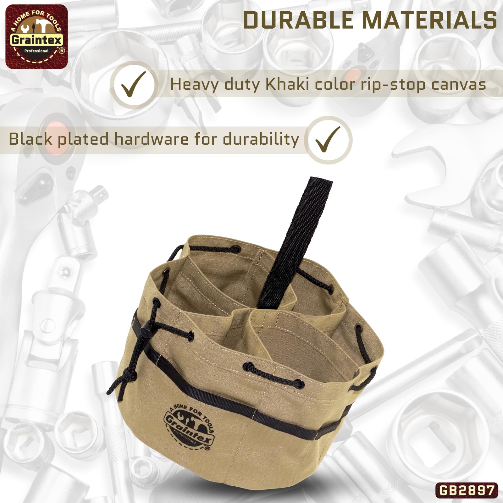 Graintex 18 Pockets Grab Bag Rip-stop Canvas Drawstring Mid Size, Khaki