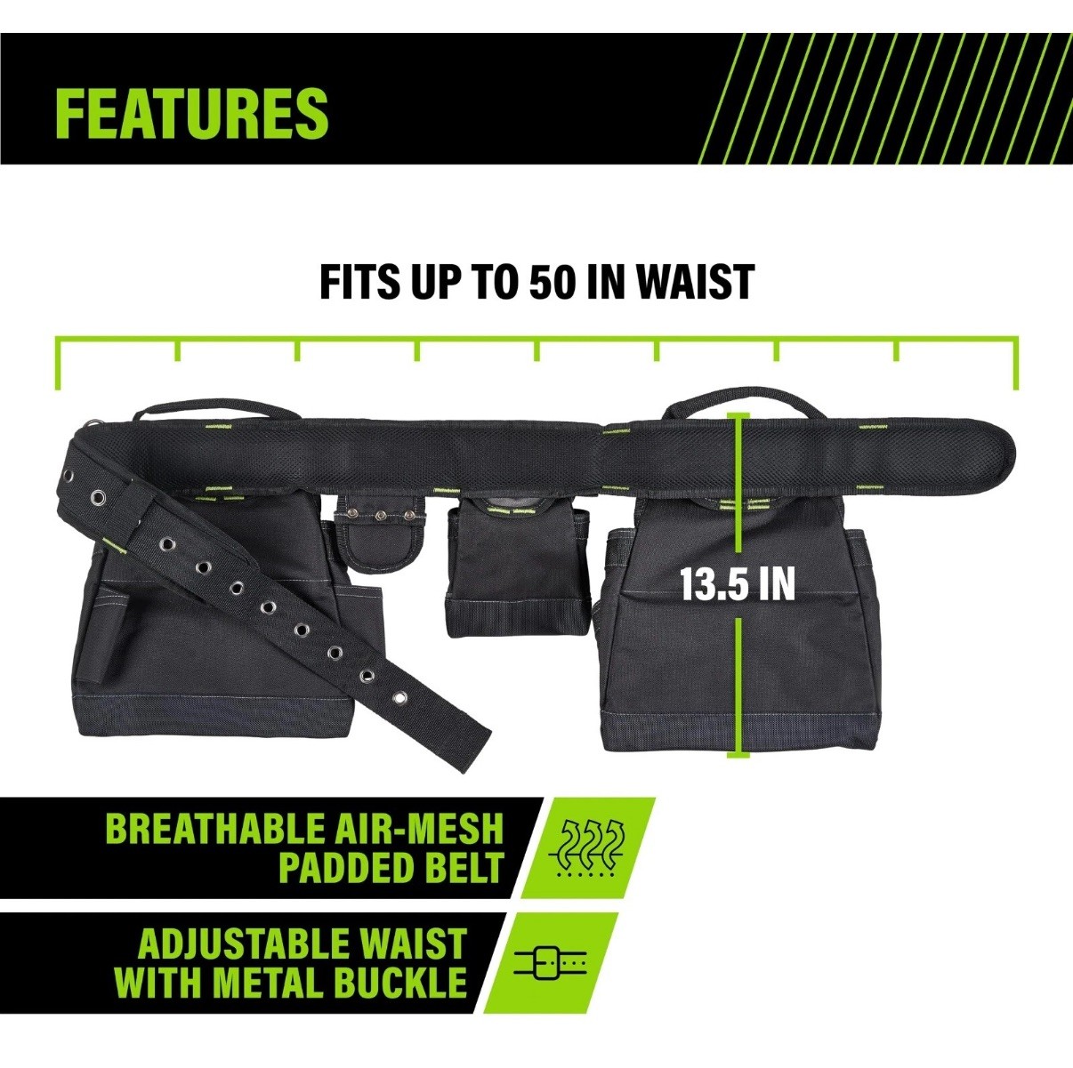 General Construction Carpenter Tool Rig Padded Adjustable Tool Belt Fits Upto50″
