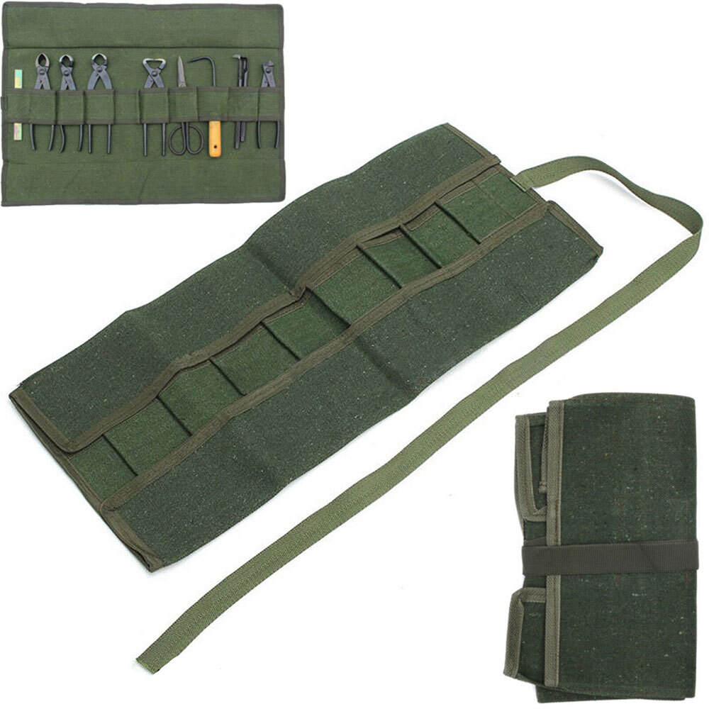 10Pockets Canvas Spanner Wrench Tool Roll Up storage bag Organizer Pouches Case^