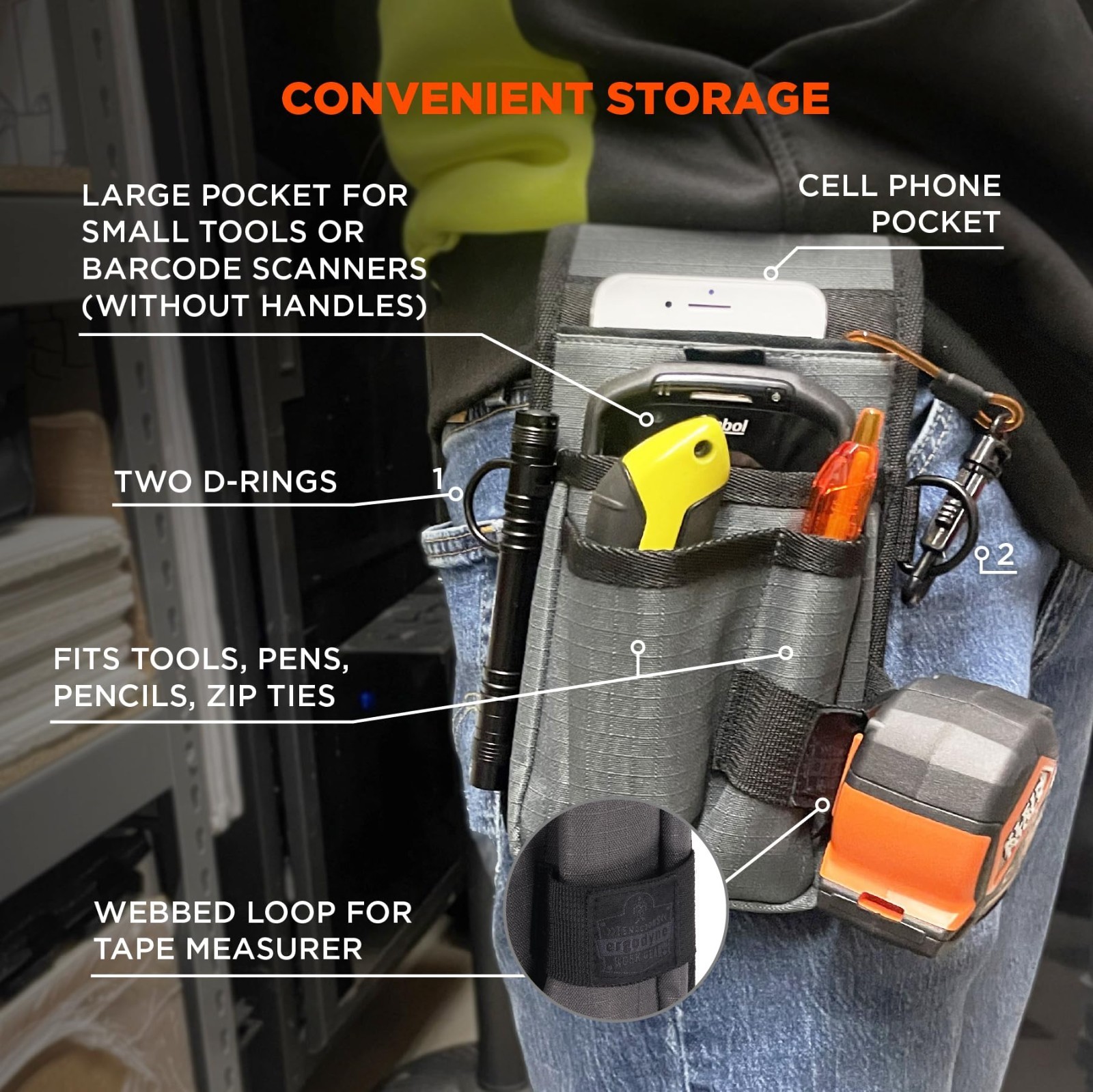 Utility Tool Pouch with Knife Holster, Scanner Holder, Cell Phone Pocket, Belt L