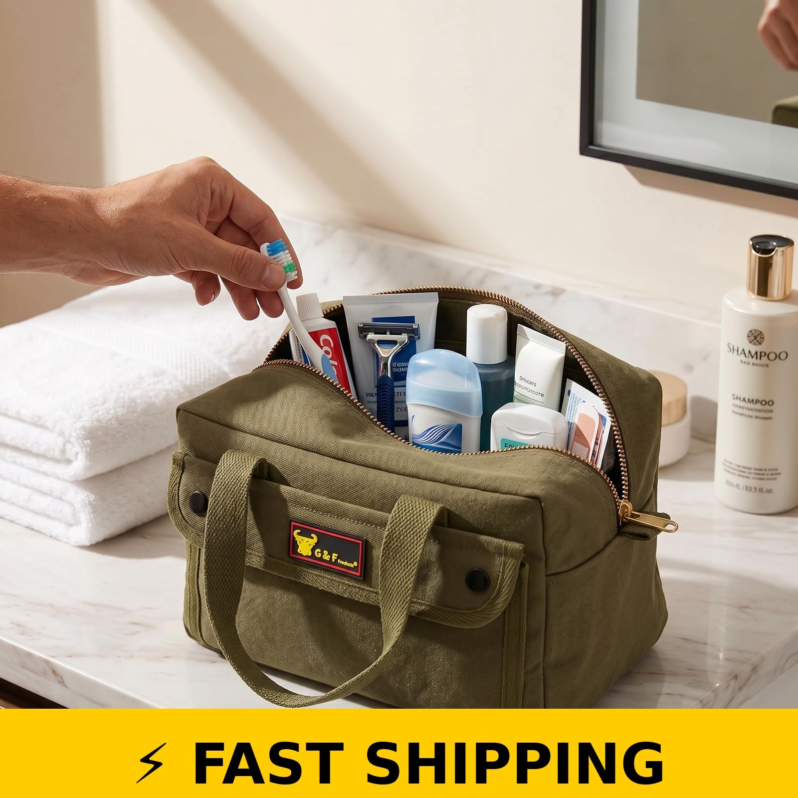 G & F Waxed Canvas Duffle Bag, 11″ Compact Travel Bag, Olive Green