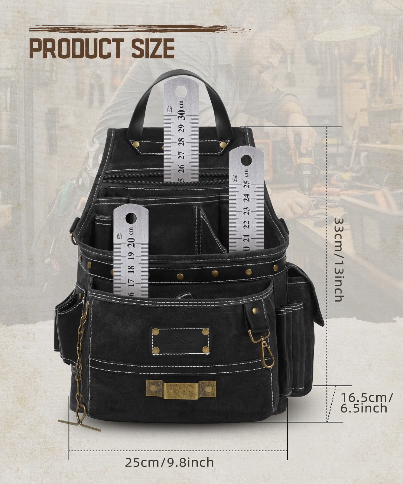 Professional Canvas Tool Belt Bag with Leather Handle & Multi-Pockets Belt Loop