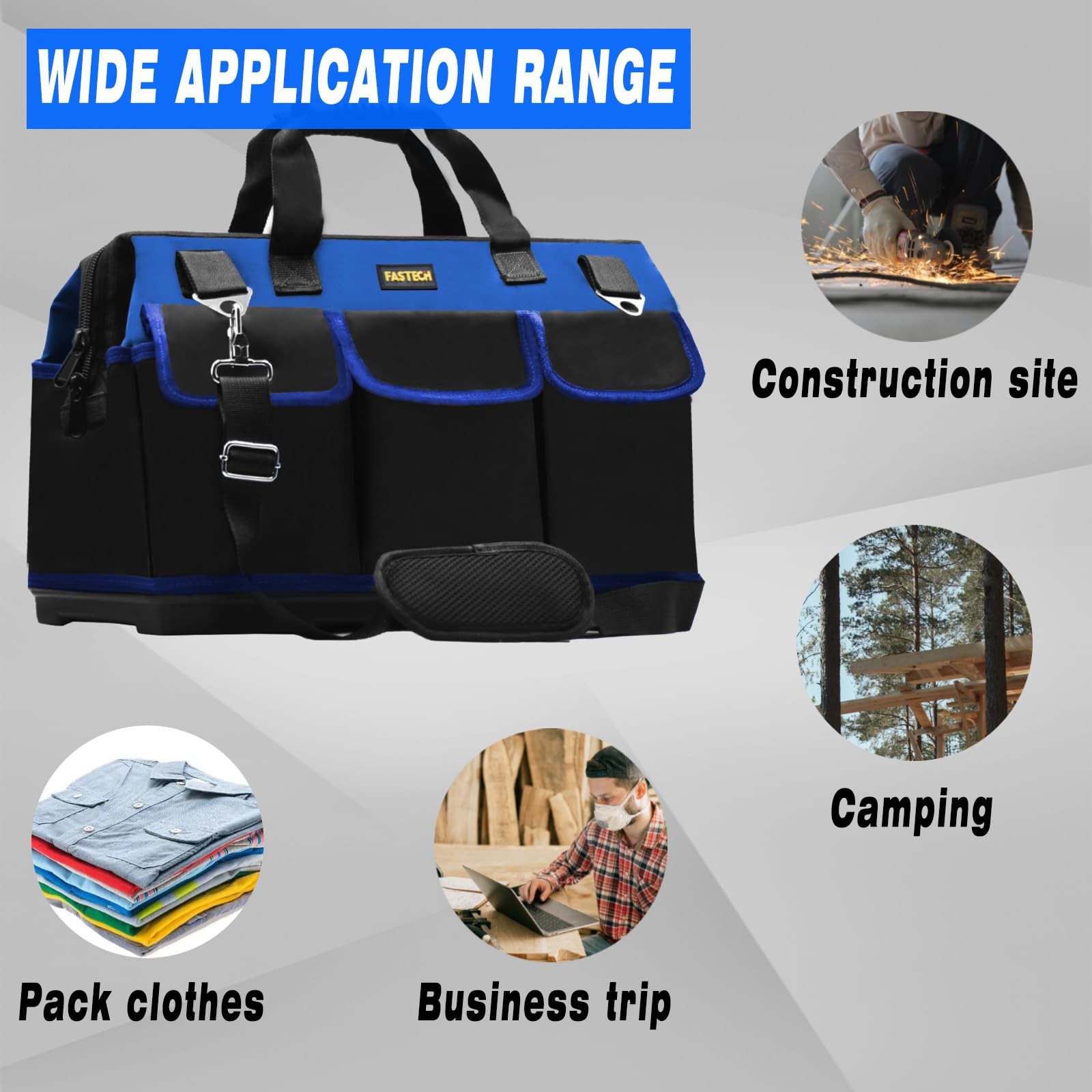 20 Inch Bottom Tool Bag Wide Mouth Storage Organizer Heavy Duty Tote Pockets