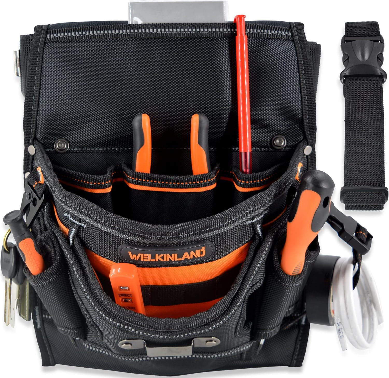 10-Pockets Electrician Tool Pouch with Belt Clip, Electricians Tool Pouches Bag,
