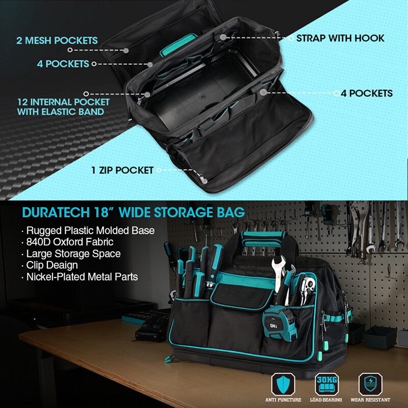 DURATECH Wide Mouth Tool Bag 17-in Large Storage 32 Pocket Bag Organizer w/Strap