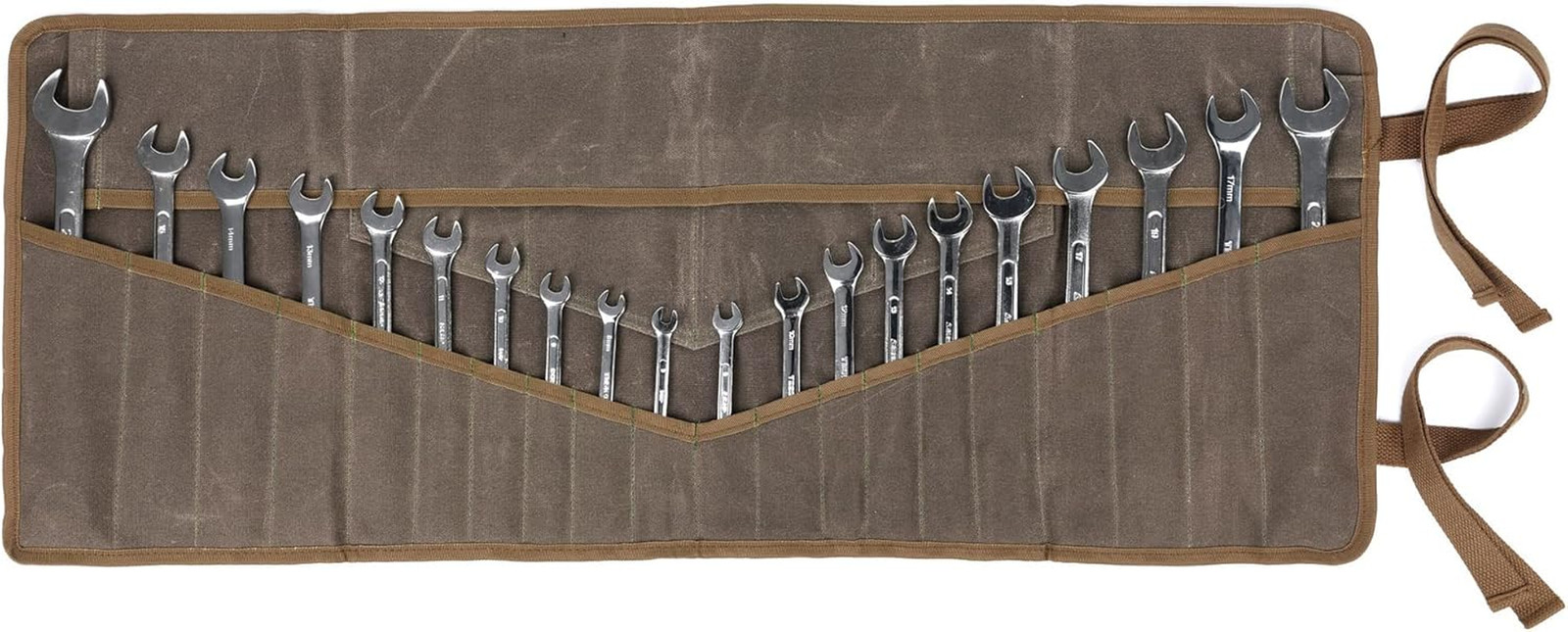 Wrench Roll Up Tool Bag Waxed Canvas Organizer 24 Pocket Heavy Duty Brown