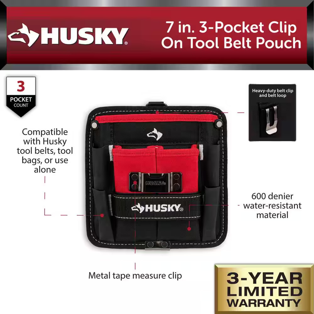 7 In. 3-Pocket Clip on Tool Belt Pouch