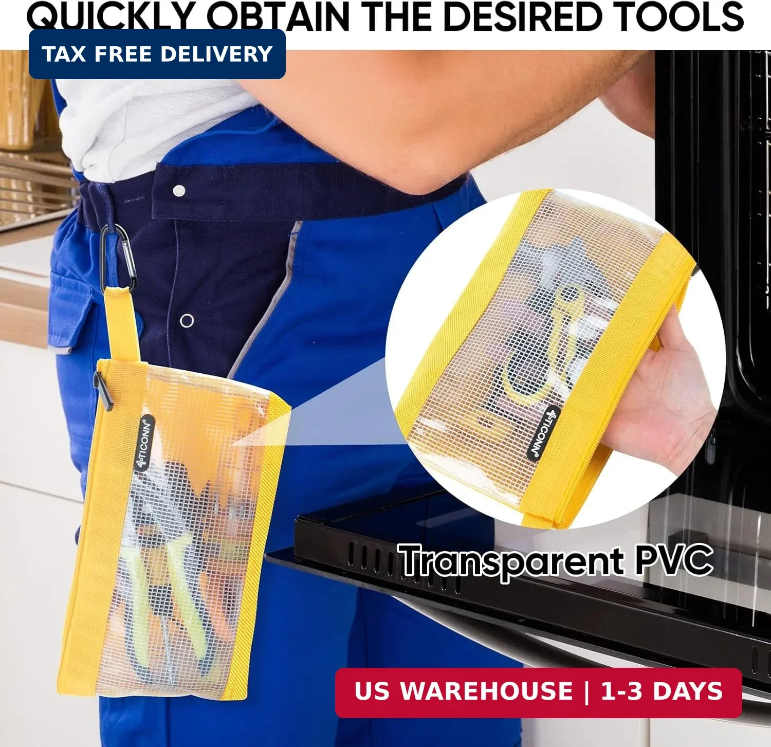 TICONN Tool Pouch, 1680D Oxford Small Tool Bag, Tool Pouches with Zipper, Clear