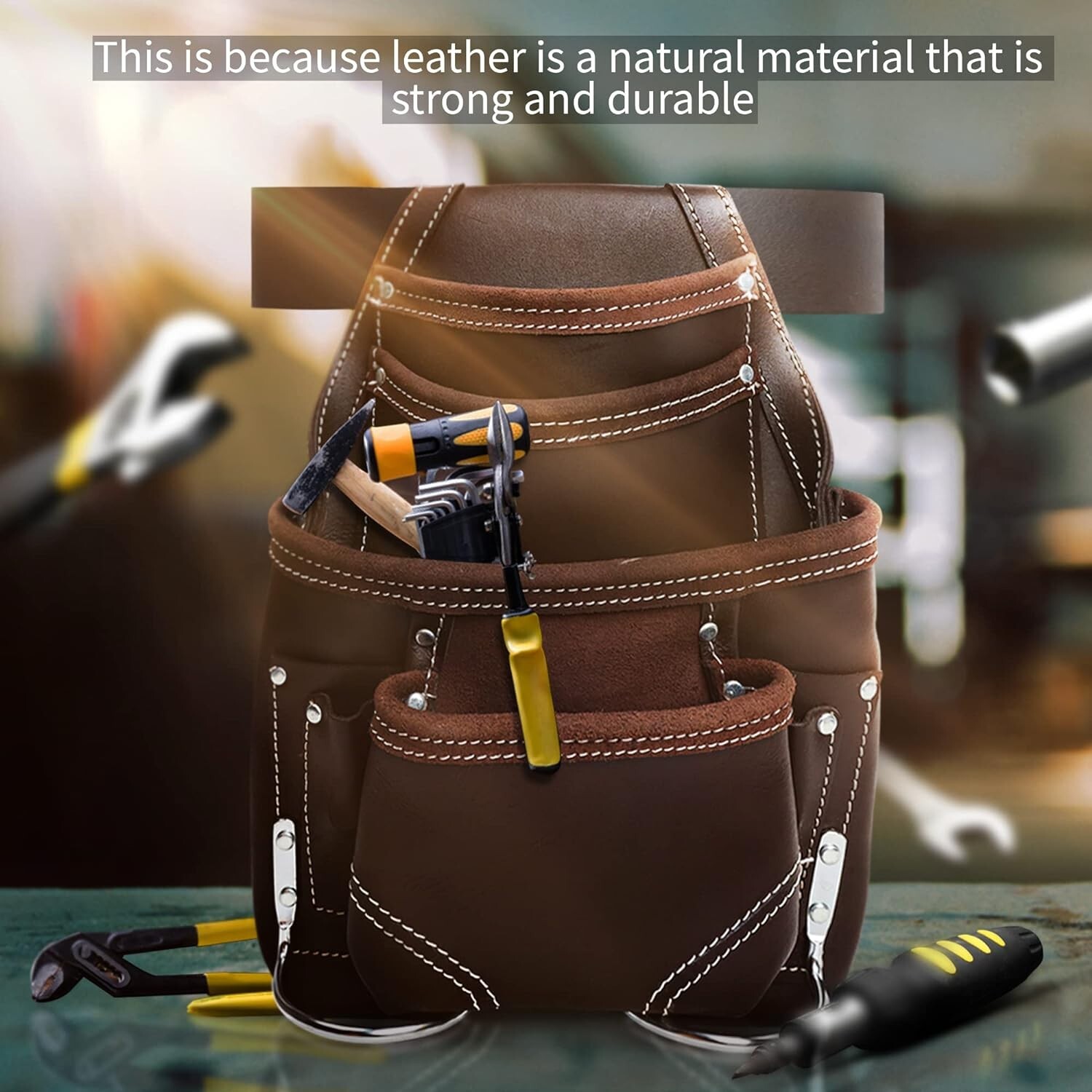 Tool PouchLeather Bag with 2″ Work Belt 10 Pockets 2 Hammer Holder for Handyman