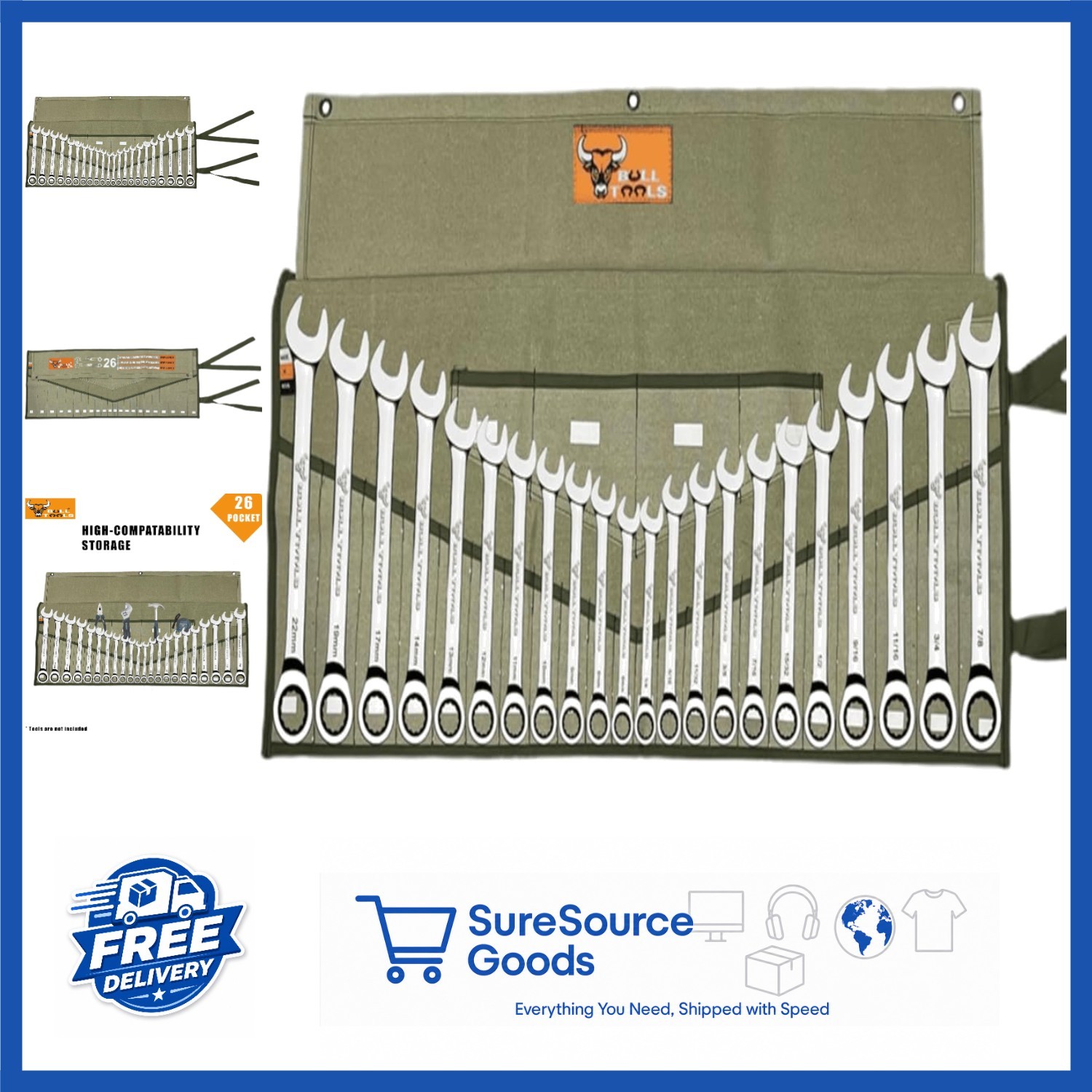 26 Pocket Wrench Roll Organizer Tool Bag Cotton Canvas for Metric & SAE Wrenches
