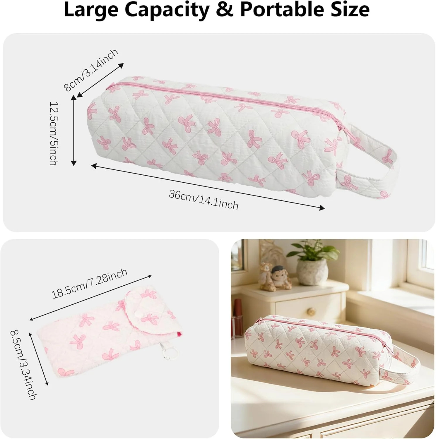Hair Tool Bag with Matching Small Pouch, Pink Bow Quilted Hair Tools Travel Bag,
